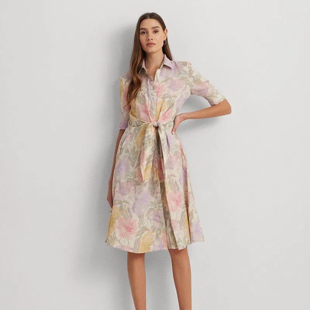 Lauren Ralph Lauren women’s linen floral tie waist shirt dress size 14